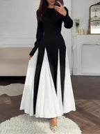 Abito Elegante Nero e Bianco Colorblock con Collo Rotondo e Maniche Lunghe