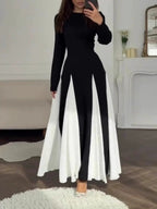 Abito Elegante Nero e Bianco Colorblock con Collo Rotondo e Maniche Lunghe