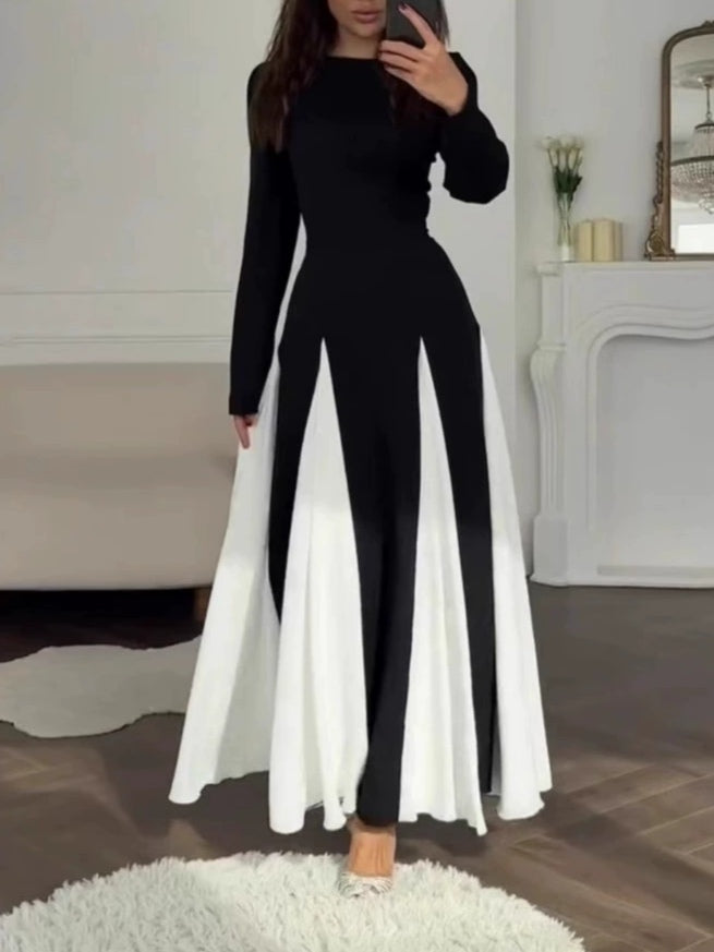 Abito Elegante Nero e Bianco Colorblock con Collo Rotondo e Maniche Lunghe