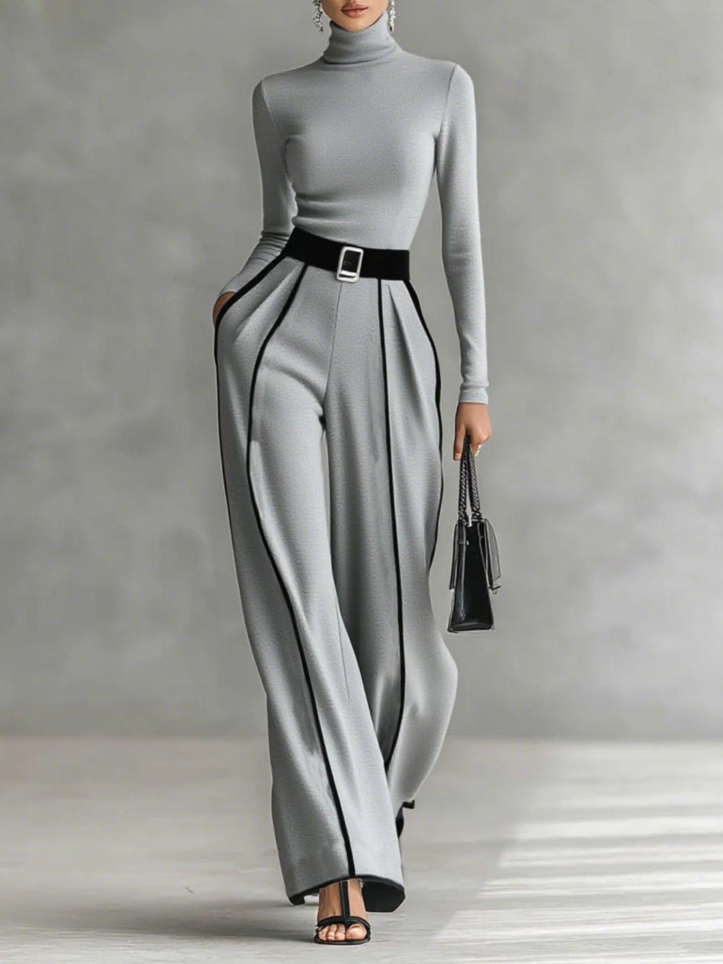 Set di Top a Maniche Lunghe con Collo Alto e Pantaloni a Gamba Larga con Cintura