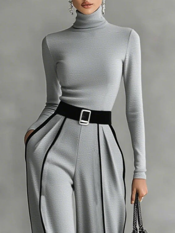 Set di Top a Maniche Lunghe con Collo Alto e Pantaloni a Gamba Larga con Cintura