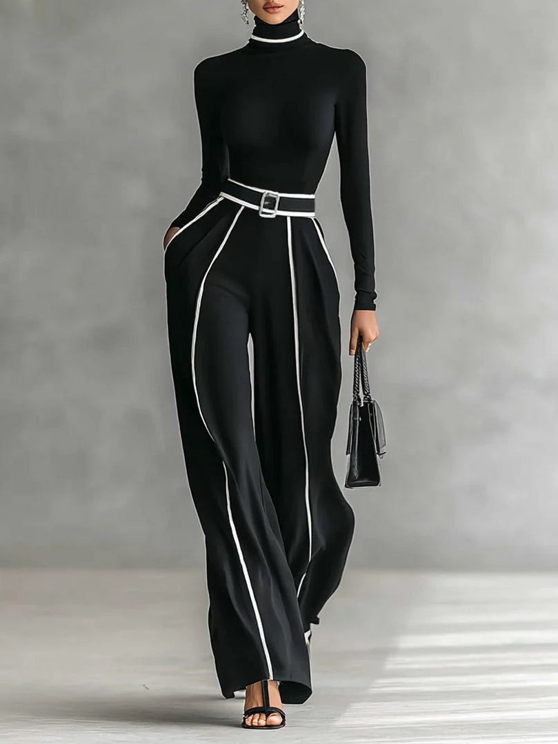 Set di Top a Maniche Lunghe con Collo Alto e Pantaloni a Gamba Larga con Cintura