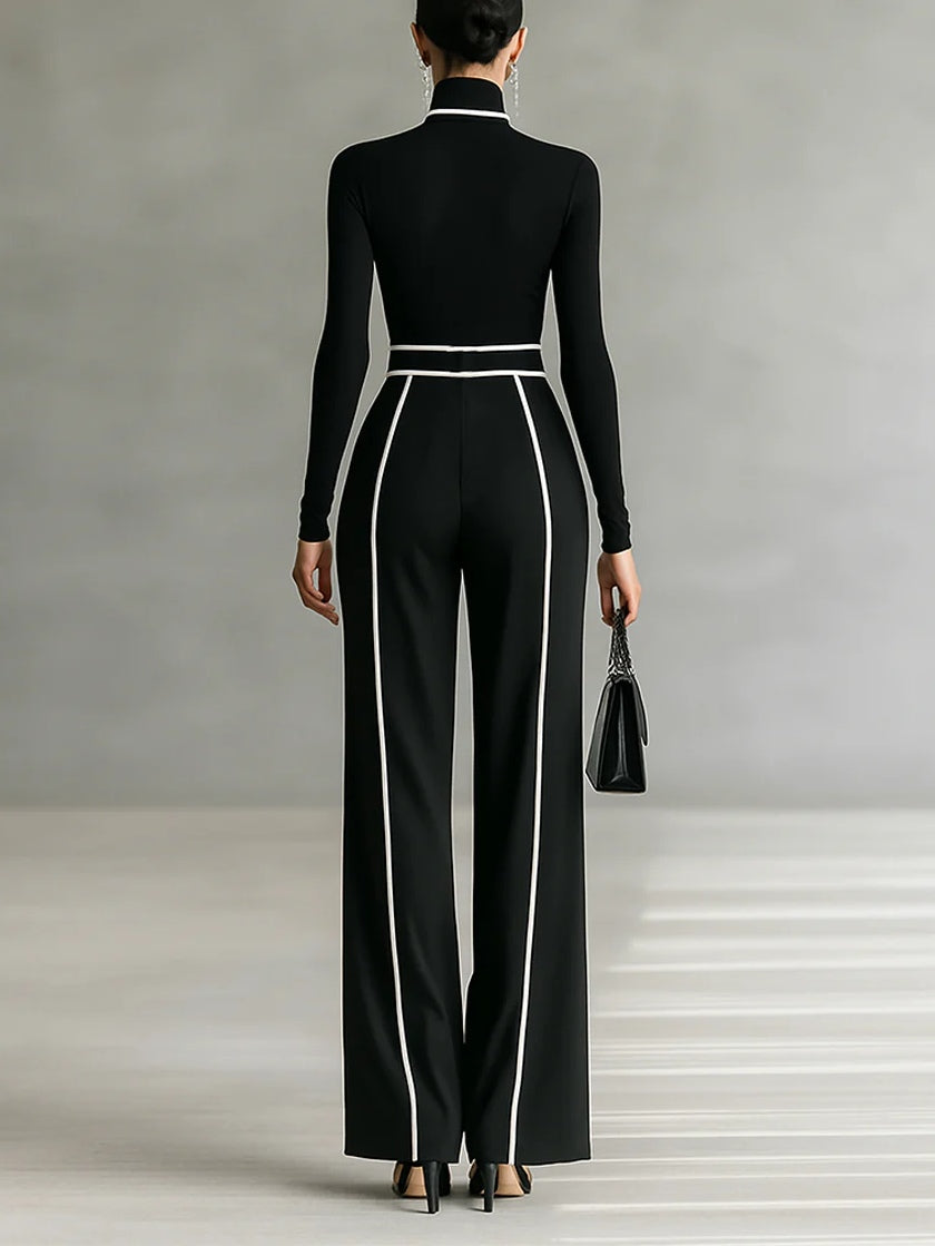 Set di Top a Maniche Lunghe con Collo Alto e Pantaloni a Gamba Larga con Cintura