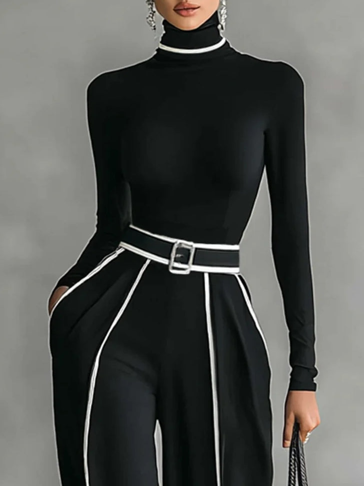Set di Top a Maniche Lunghe con Collo Alto e Pantaloni a Gamba Larga con Cintura