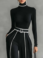Set di Top a Maniche Lunghe con Collo Alto e Pantaloni a Gamba Larga con Cintura