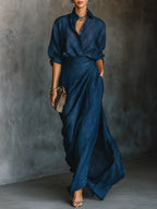 Sanda | Set Gonna Lunga in Cotone e Lino Blu Scuro Elegante