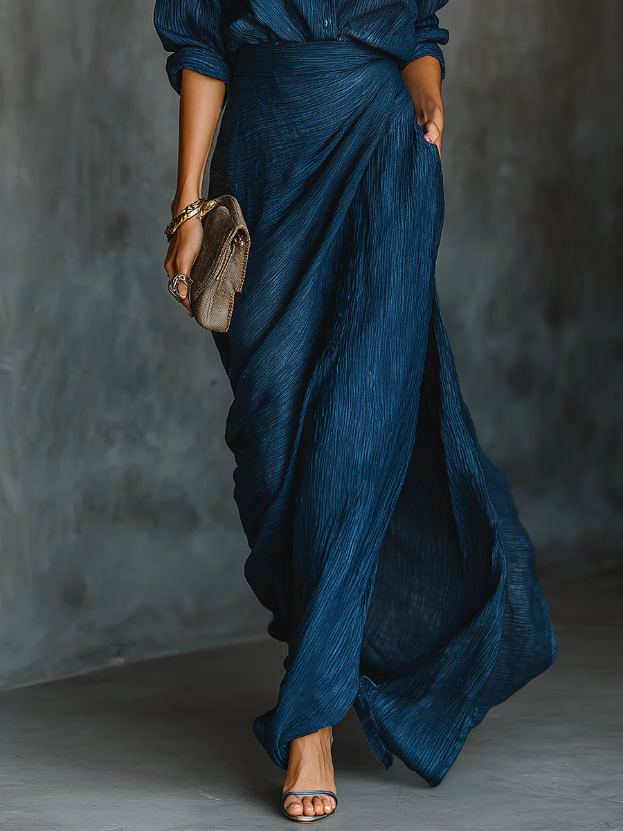 Sanda | Set Gonna Lunga in Cotone e Lino Blu Scuro Elegante