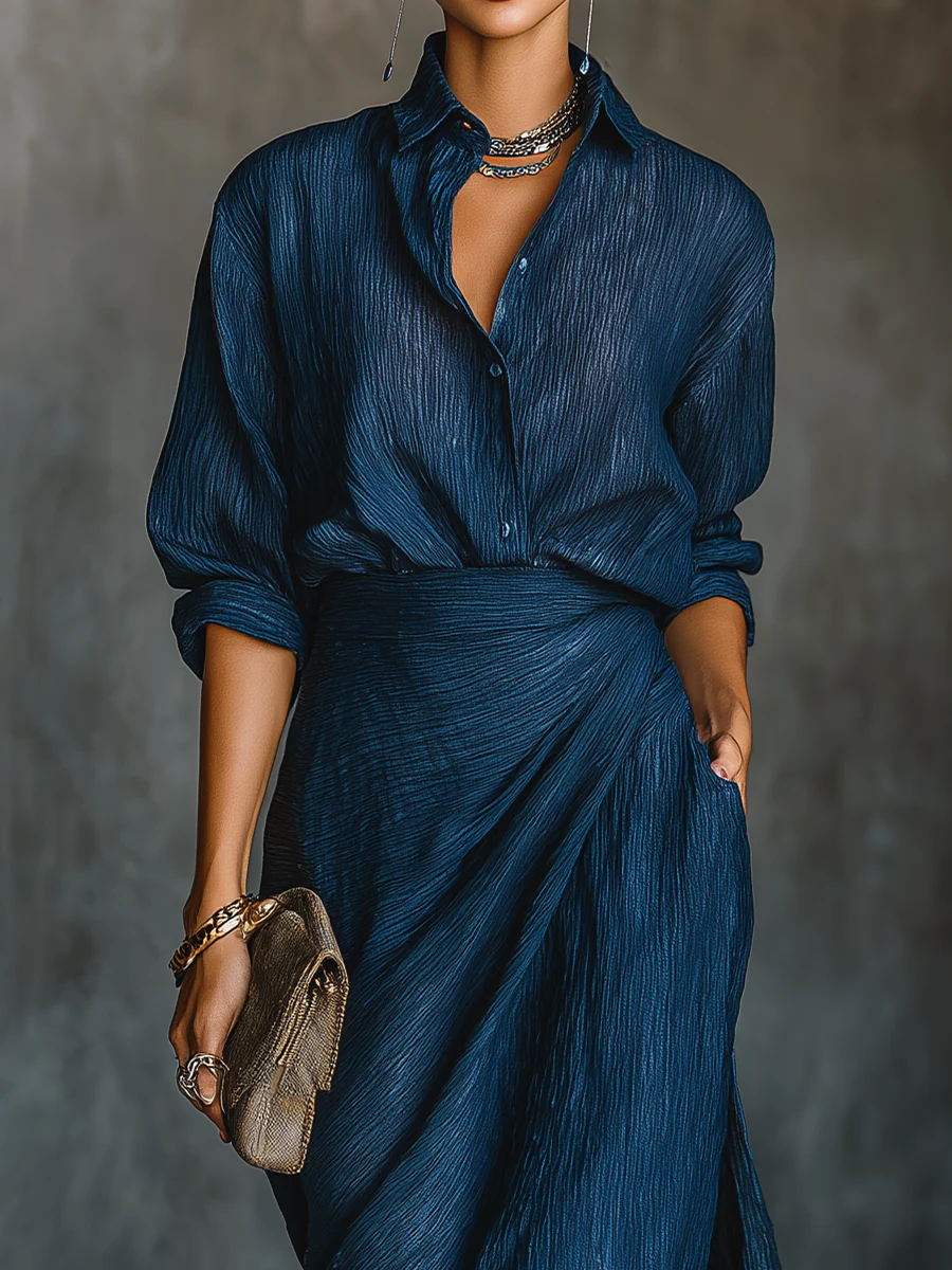 Sanda | Set Gonna Lunga in Cotone e Lino Blu Scuro Elegante
