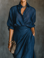 Sanda | Set Gonna Lunga in Cotone e Lino Blu Scuro Elegante
