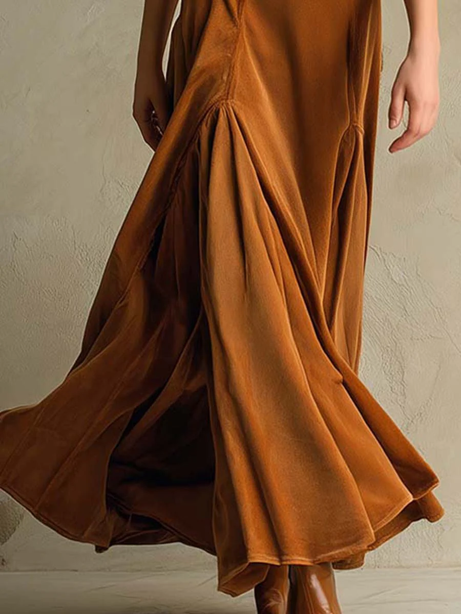Abito lungo in velluto marrone elegante stile retro con colletto