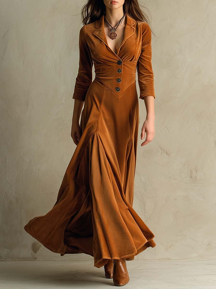 Abito lungo in velluto marrone elegante stile retro con colletto