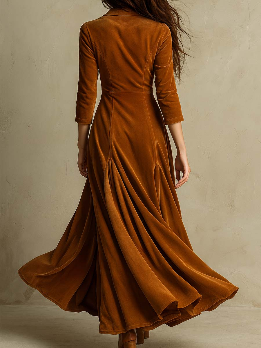 Abito lungo in velluto marrone elegante stile retro con colletto