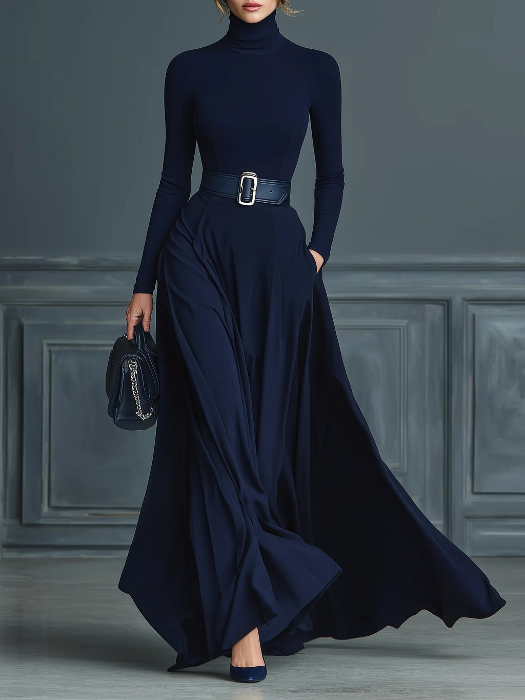 Abito Tricot Blu Scuro con Collo Alto (Senza Cintura)