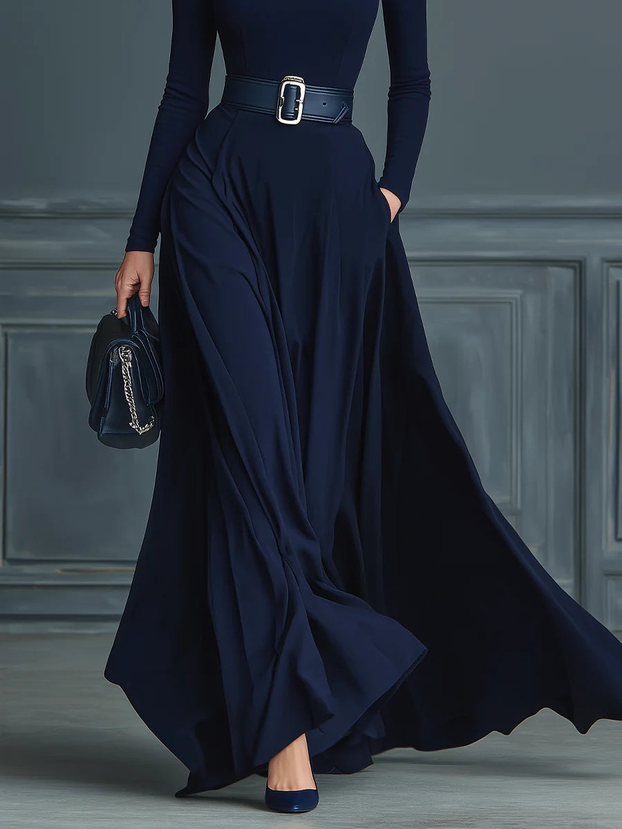 Abito Tricot Blu Scuro con Collo Alto (Senza Cintura)