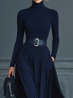Abito Tricot Blu Scuro con Collo Alto (Senza Cintura)