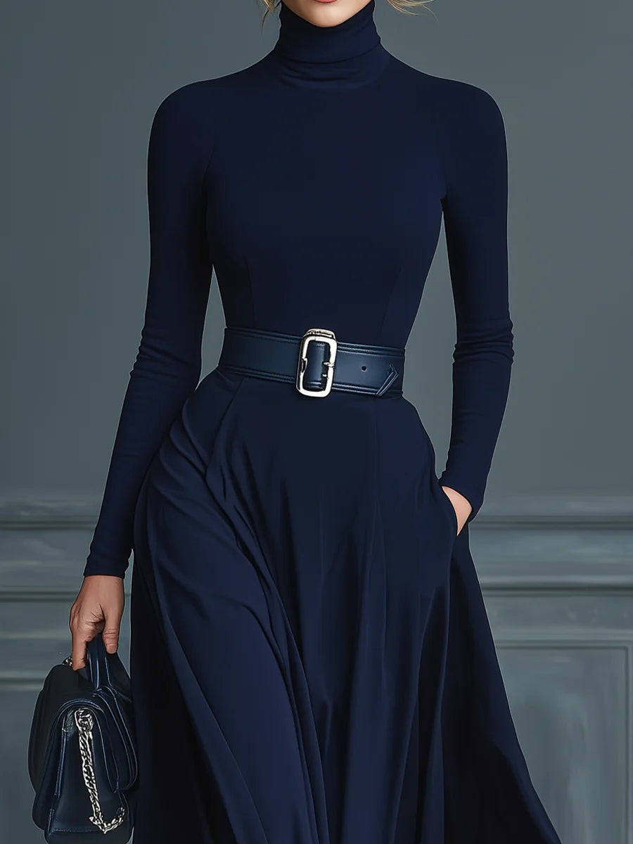 Abito Tricot Blu Scuro con Collo Alto (Senza Cintura)