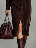 Abito Midi in Corduroy con Tasche a Doppio Petto e Bottone Singolo