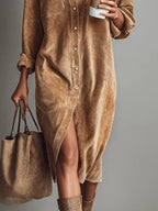 Abito Midi in Corduroy con Tasche a Doppio Petto e Bottone Singolo