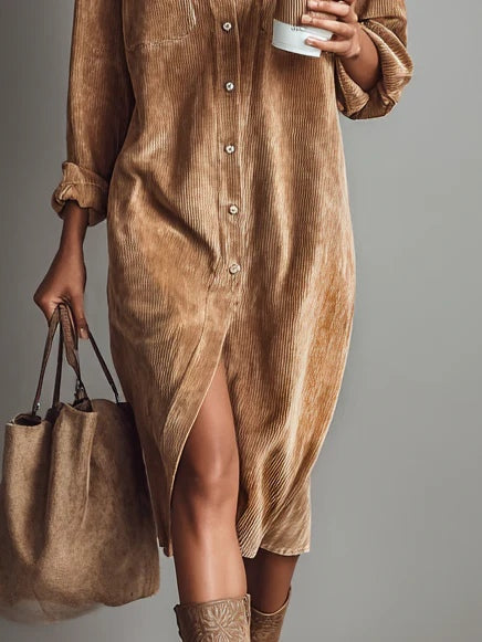 Abito Midi in Corduroy con Tasche a Doppio Petto e Bottone Singolo