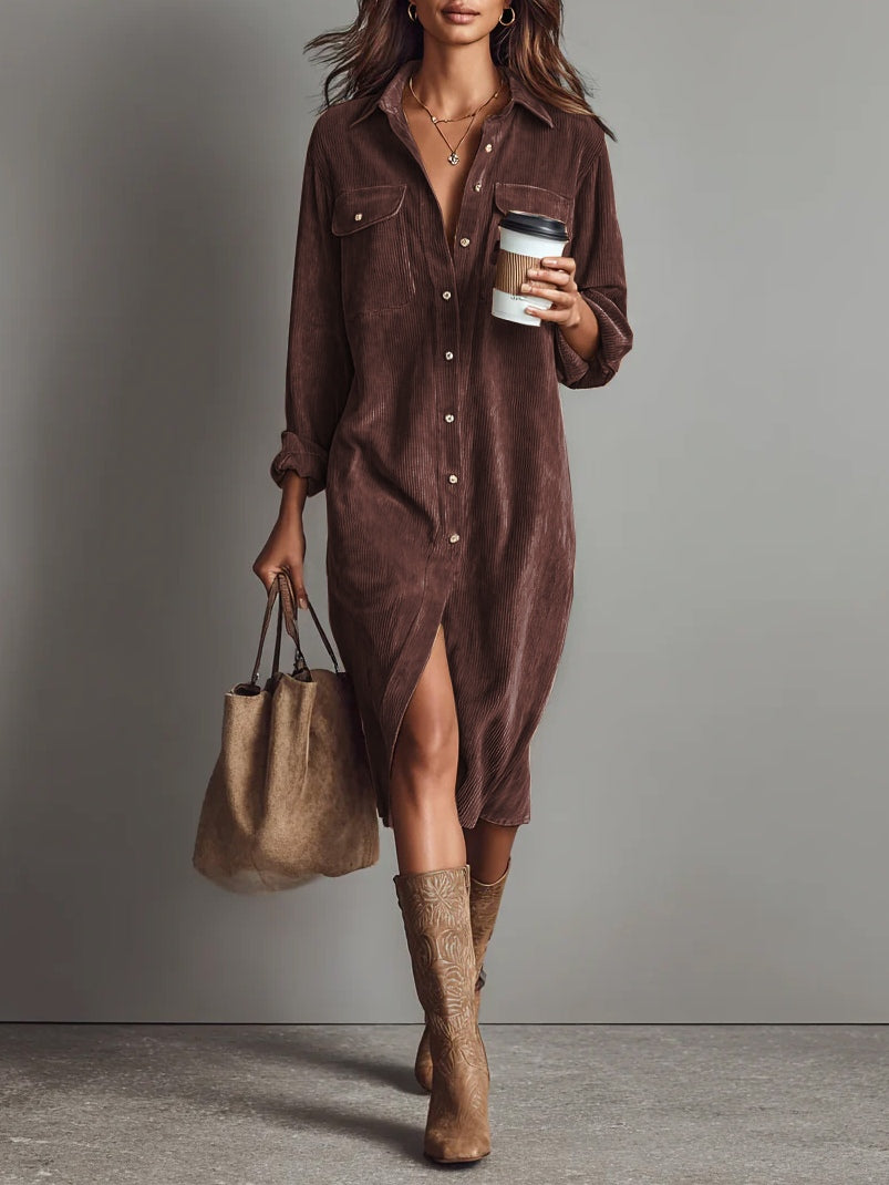 Abito Midi in Corduroy con Tasche a Doppio Petto e Bottone Singolo.