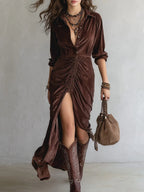 Vestito Midi in Velluto Pieghettato con Cuciture a Bottone Vintage