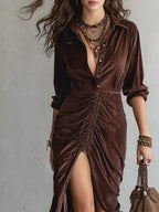 Vestito Midi in Velluto Pieghettato con Cuciture a Bottone Vintage