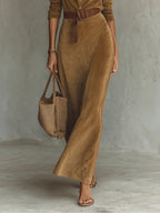 Abito Maxi in Suede con Revers a Un Bottone
