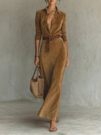 Abito Maxi in Suede con Revers a Un Bottone