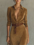Abito Maxi in Suede con Revers a Un Bottone