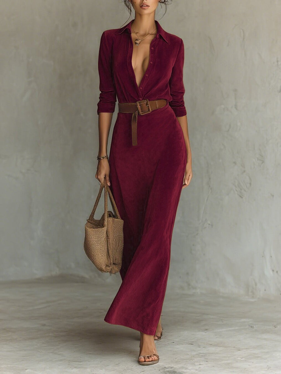 Abito Maxi in Suede con Revers a Un Bottone