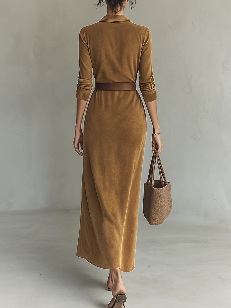 Abito Maxi in Suede con Revers a Un Bottone