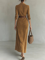 Abito Maxi in Suede con Revers a Un Bottone