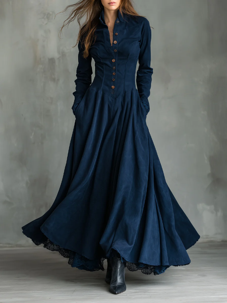 Abito Maxi in Ecopelle Suede Blu Scuro con Collo Camicia e Pizzo