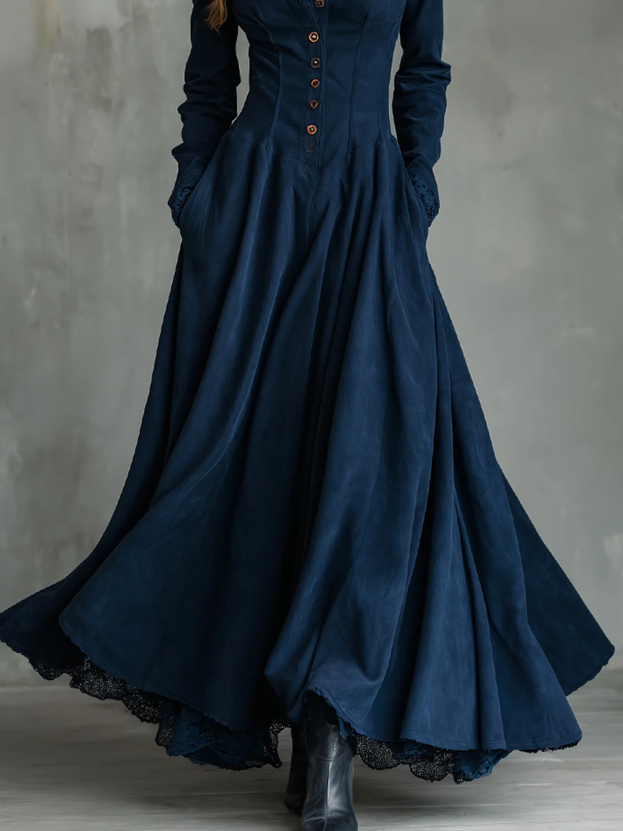 Abito Maxi in Ecopelle Suede Blu Scuro con Collo Camicia e Pizzo