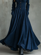 Abito Maxi in Ecopelle Suede Blu Scuro con Collo Camicia e Pizzo