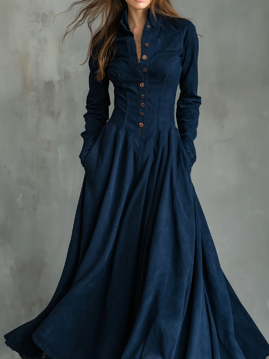 Abito Maxi in Ecopelle Suede Blu Scuro con Collo Camicia e Pizzo