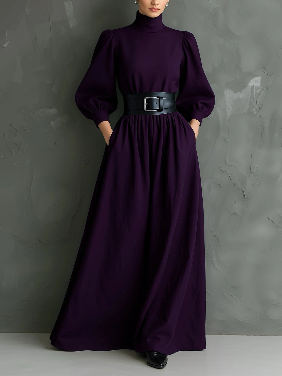 Elegante Abito Maxy Lungo Viola Scuro con Collo Alto e Maniche Lunghe (con cintura)