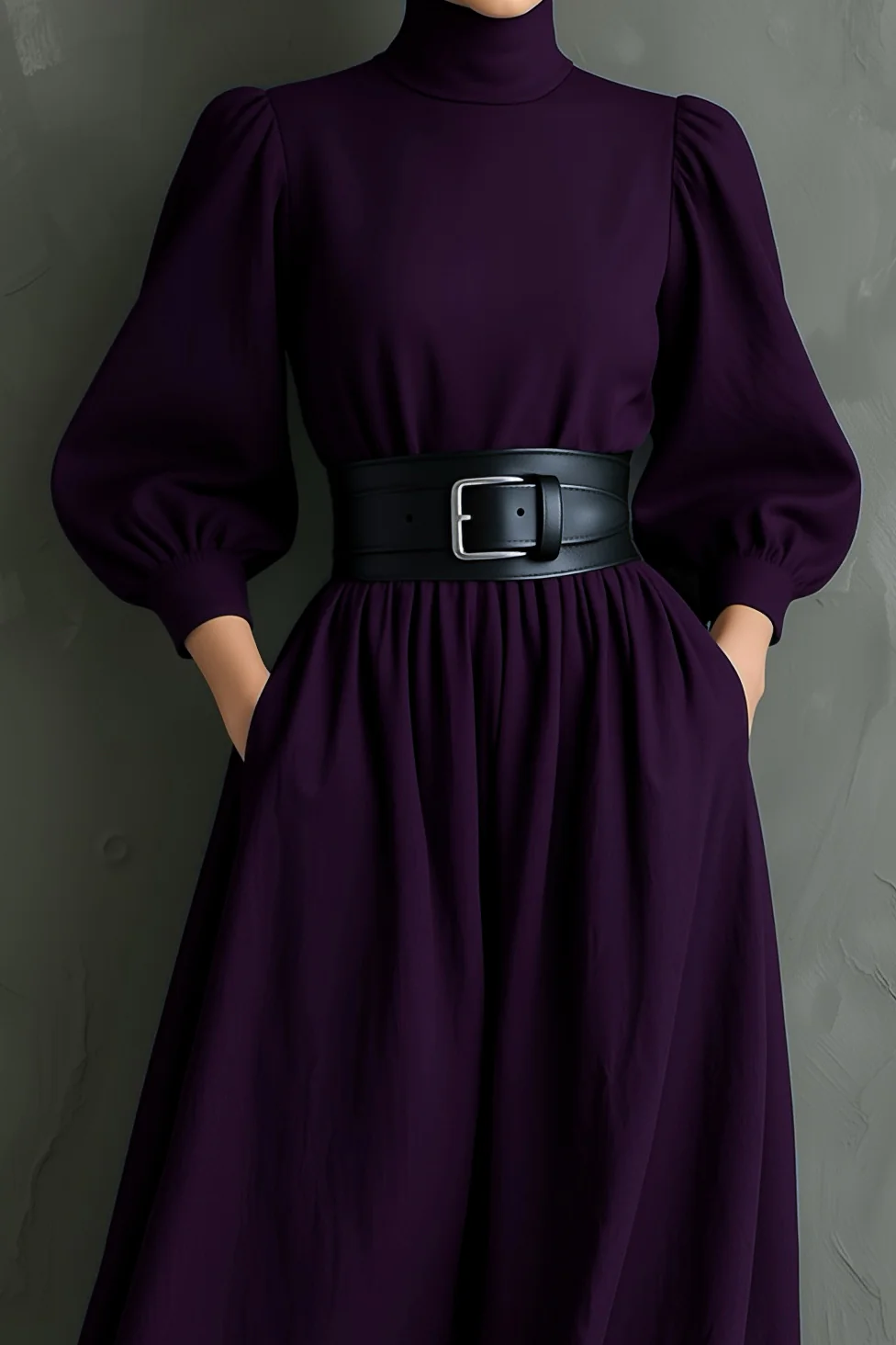 Elegante Abito Maxy Lungo Viola Scuro con Collo Alto e Maniche Lunghe (con cintura)