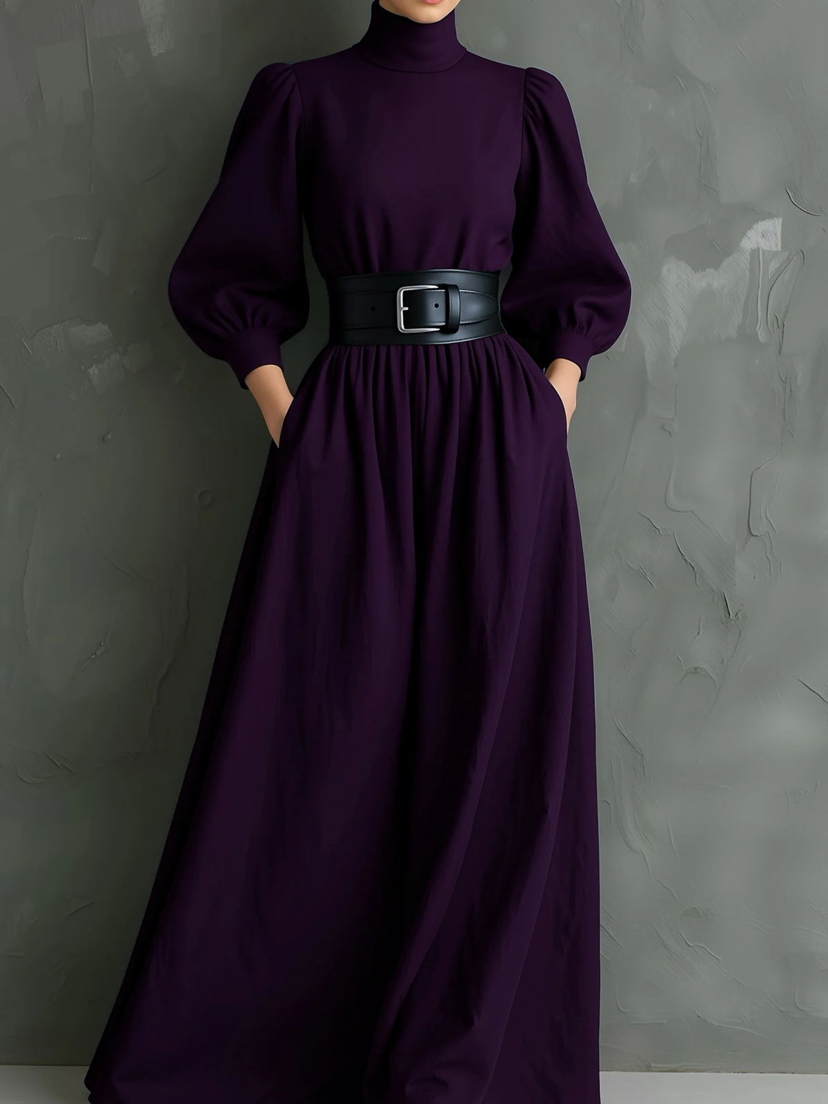 Elegante Abito Maxy Lungo Viola Scuro con Collo Alto e Maniche Lunghe (con cintura)