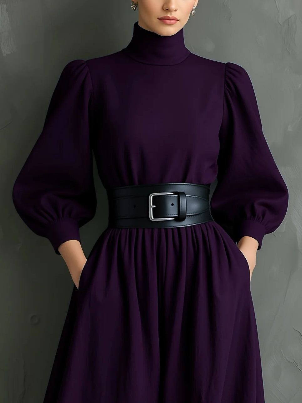 Elegante Abito Maxy Lungo Viola Scuro con Collo Alto e Maniche Lunghe (con cintura)
