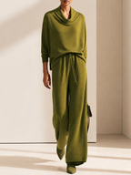 Emery | Set di Pantaloni a Gamba Larga con Collo a Cowl Verde Oliva a Maniche Lunghe