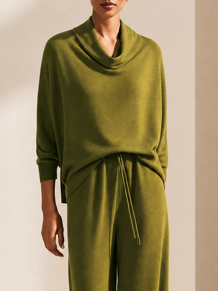 Emery | Set di Pantaloni a Gamba Larga con Collo a Cowl Verde Oliva a Maniche Lunghe
