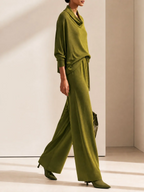 Emery | Set di Pantaloni a Gamba Larga con Collo a Cowl Verde Oliva a Maniche Lunghe