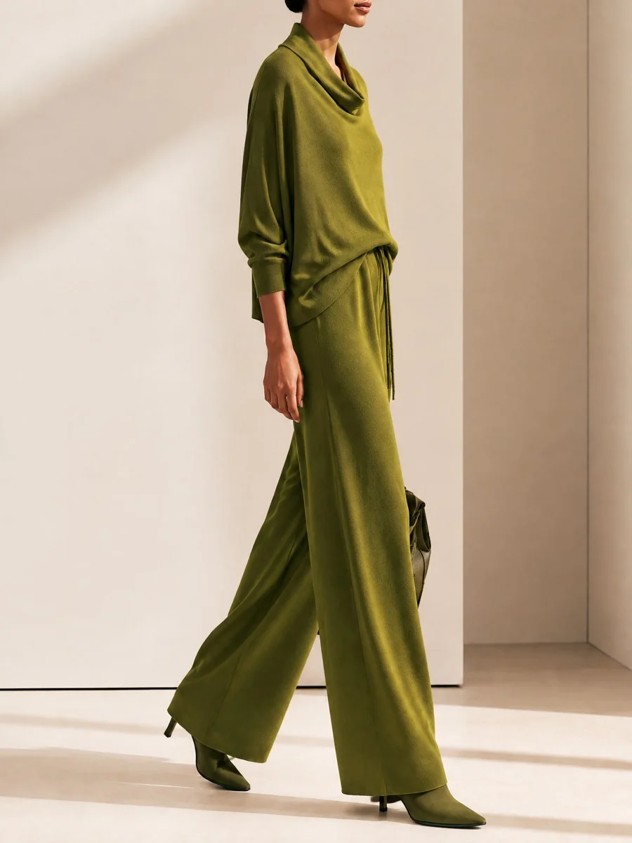 Emery | Set di Pantaloni a Gamba Larga con Collo a Cowl Verde Oliva a Maniche Lunghe