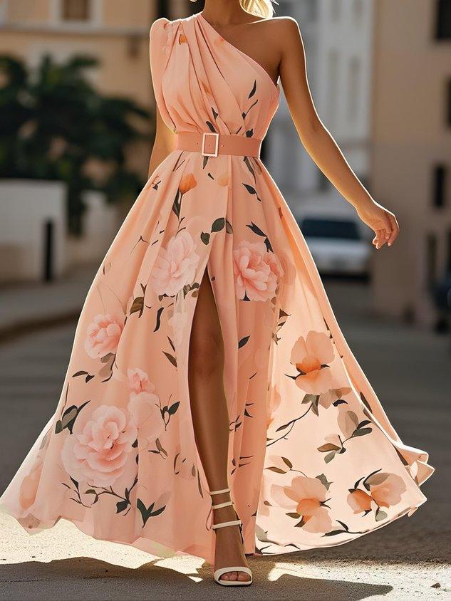 Abito Maxi Chiffon Verde Chiaro a Fiori con Rouches a Spalla Unica