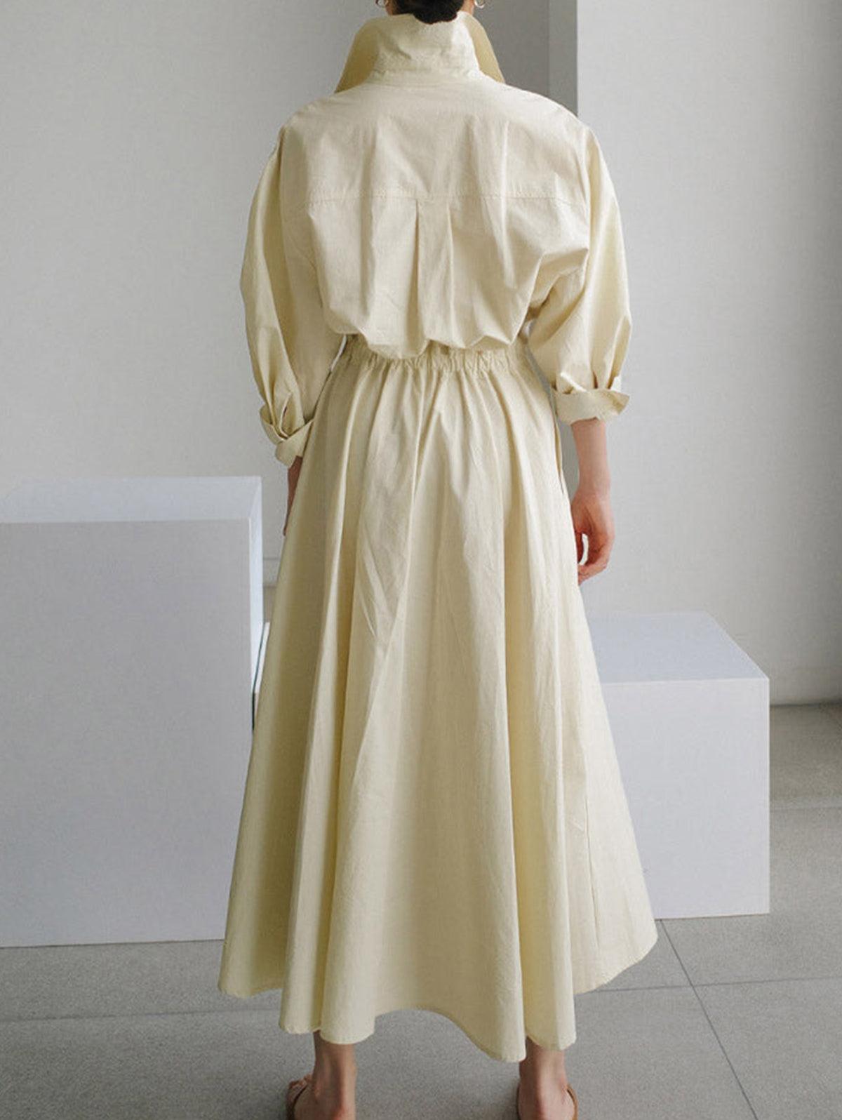 Abito Midi Elegante con Colletto a Revers e Bottoni