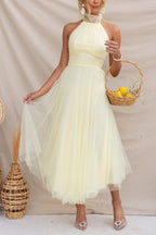 Abito Maxi Halter in Tulle con Dettagli Arricciati