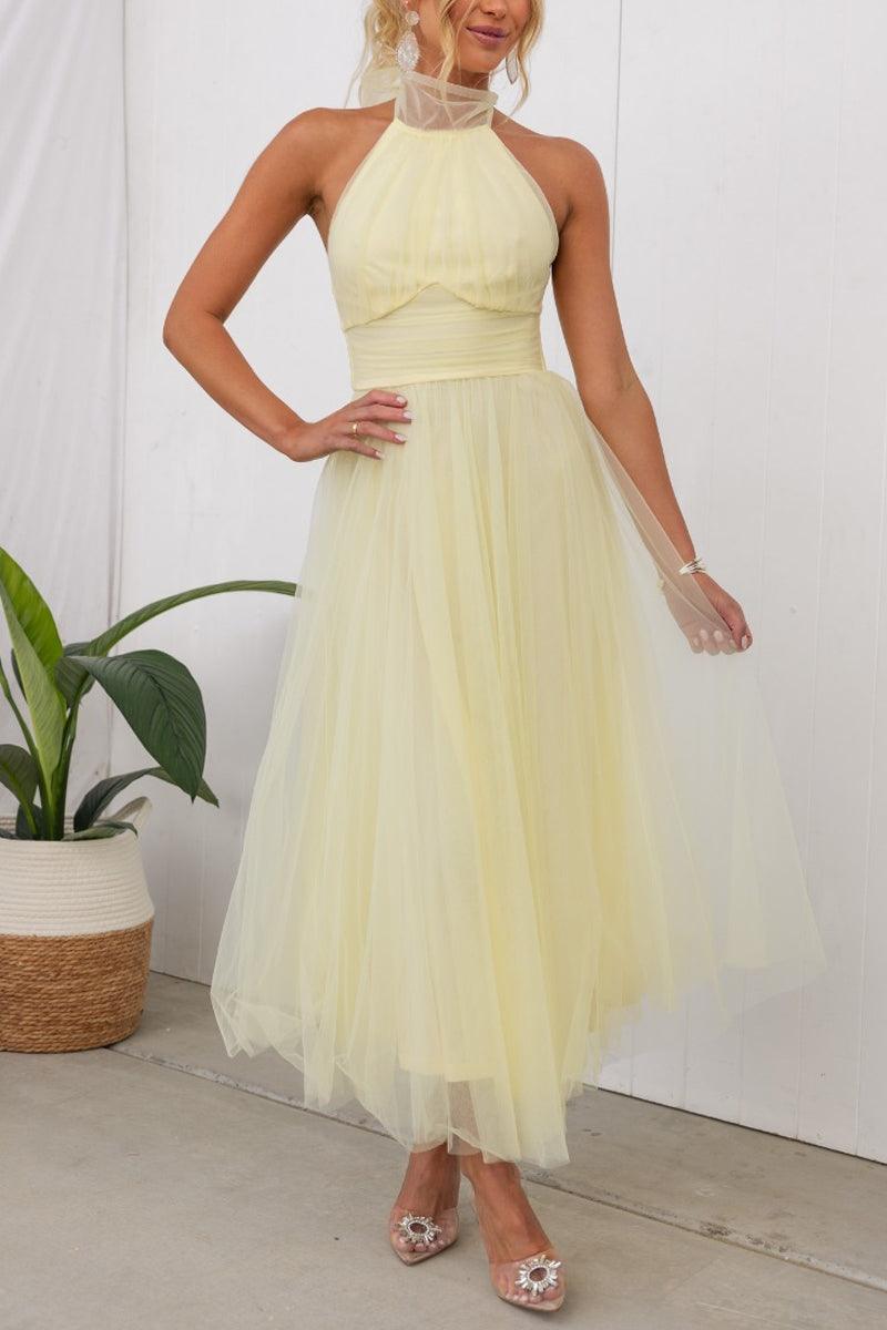 Abito Maxi Halter in Tulle con Dettagli Arricciati