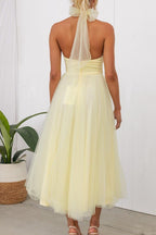 Abito Maxi Halter in Tulle con Dettagli Arricciati