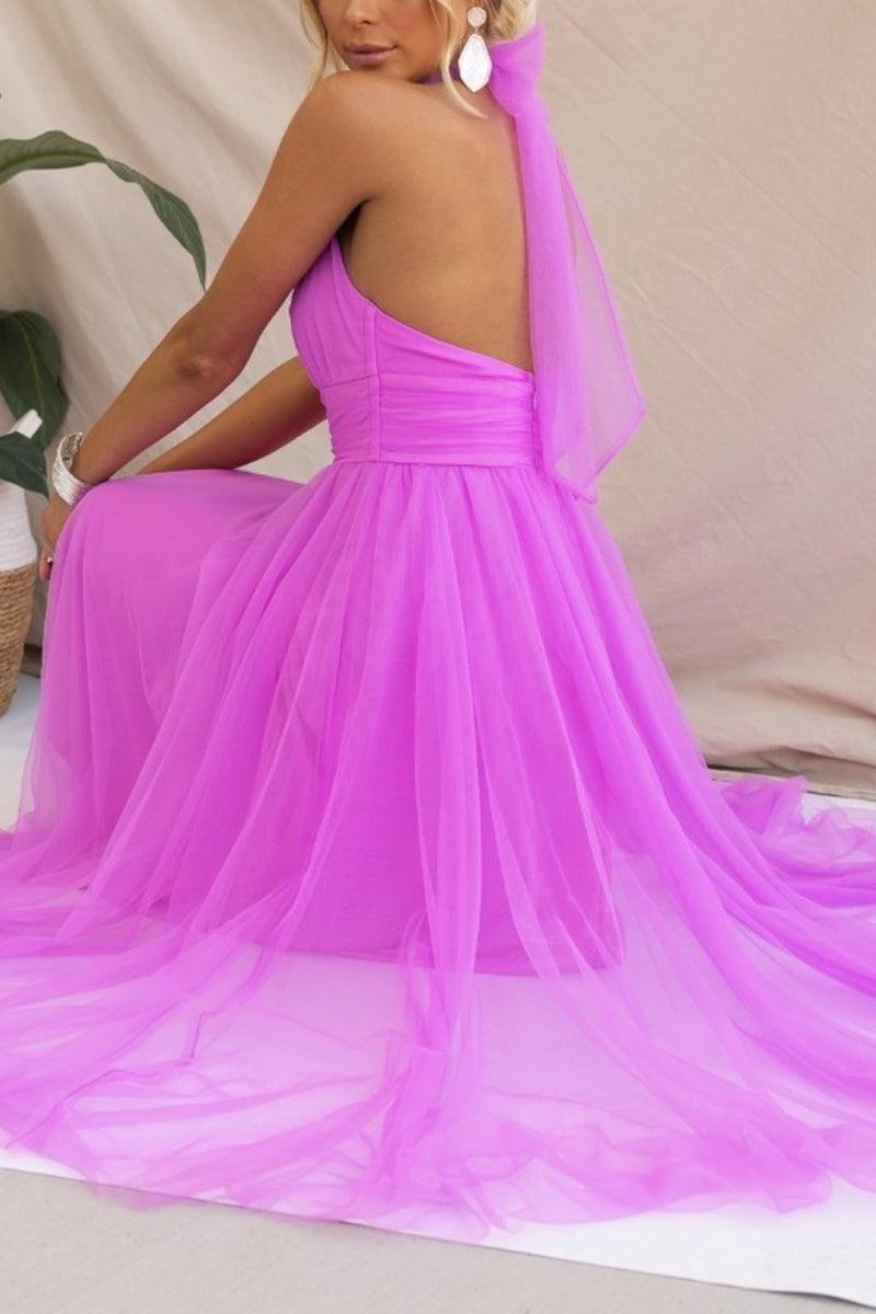Abito Maxi Halter in Tulle con Dettagli Arricciati
